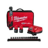 Milwaukee M12 FUEL 12V Li-Ion Brushless 3/8 in. Cordless Ratchet Kit with (2) 2.0Ah Batteries, Charger, Tool Bag + 5.0Ah Battery