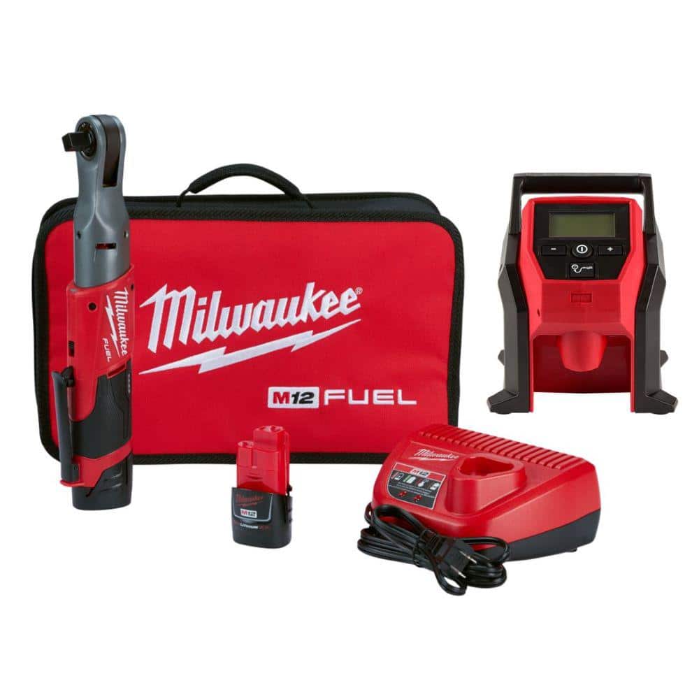 Milwaukee M12 FUEL 12V Lithium‑Ion Brushless Cordless 1/2 in. Ratchet Kit with M12 Compact Inflator
