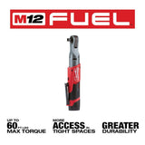 Milwaukee M12 FUEL 12V Lithium-Ion Brushless 1/2 in. Cordless Ratchet Kit with (2) 2.0Ah Batteries, Charger, Bag & SAE Socket Set