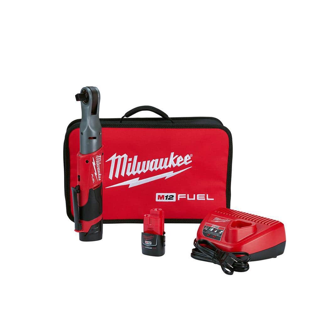 Milwaukee M12 FUEL 12V Lithium-Ion Brushless 1/2 in. Cordless Ratchet Kit with (2) 2.0Ah Batteries, Charger, Bag & SAE Socket Set