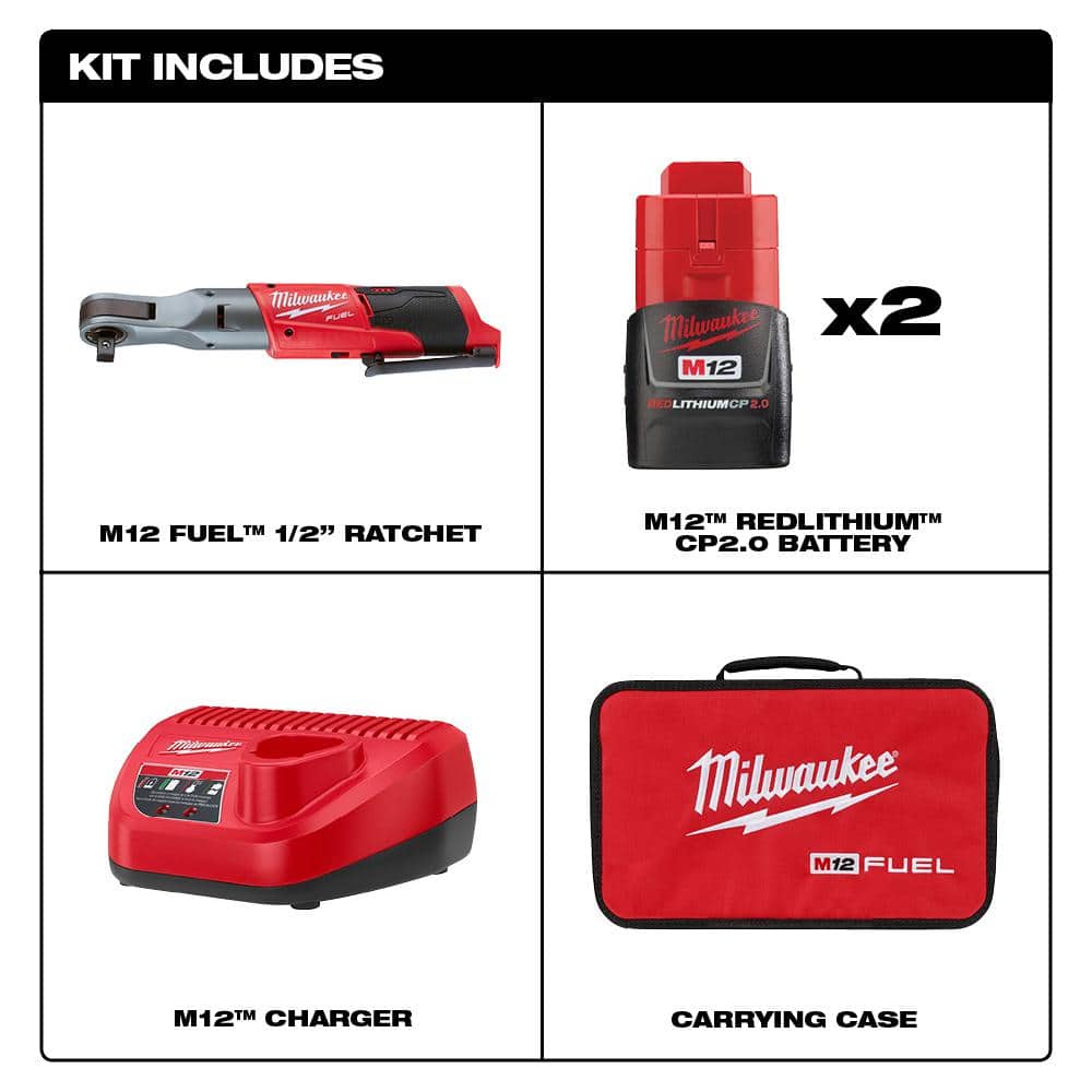 Milwaukee M12 FUEL 12V Lithium-Ion Brushless 1/2 in. Cordless Ratchet Kit with (2) 2.0Ah Batteries, Charger, Bag & 5.0Ah Battery