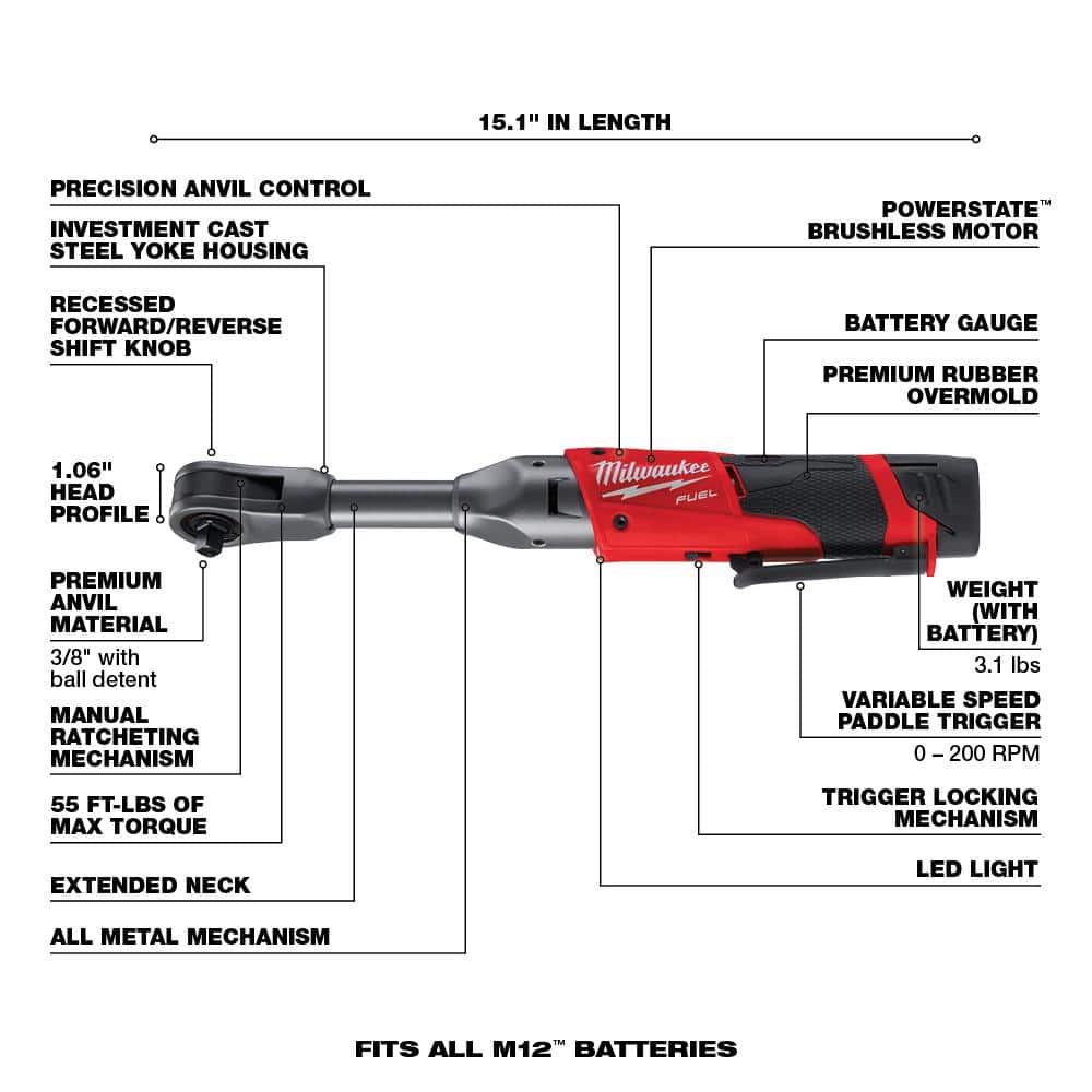 Milwaukee M12 FUEL 12V Brushless Cordless 3/8 in. Extended Reach Ratchet Kit with Metric Ratcheting Wrench Set
