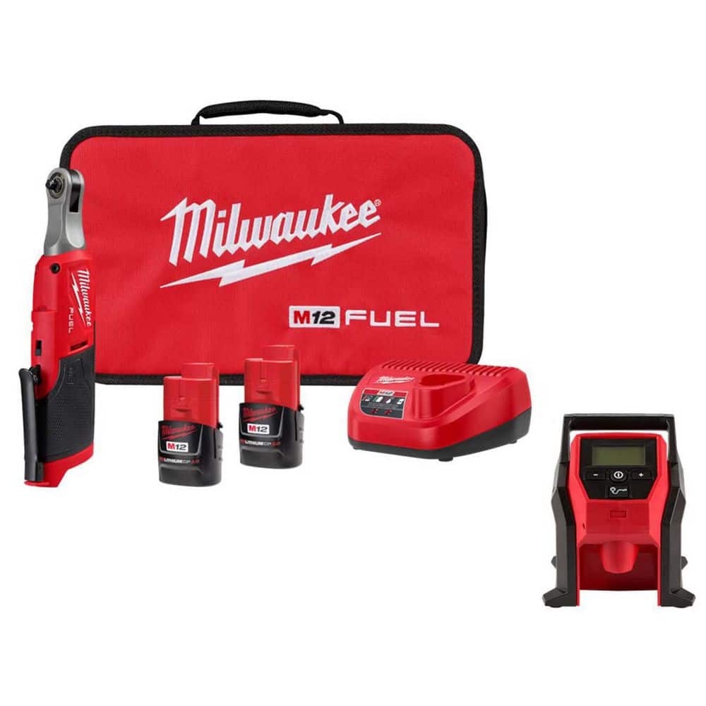 Milwaukee M12 FUEL 12V Lithium-Ion Brushless High-Speed 1/4 in. Ratchet Kit with M12 Compact Inflator (2566-22-2475-20)
