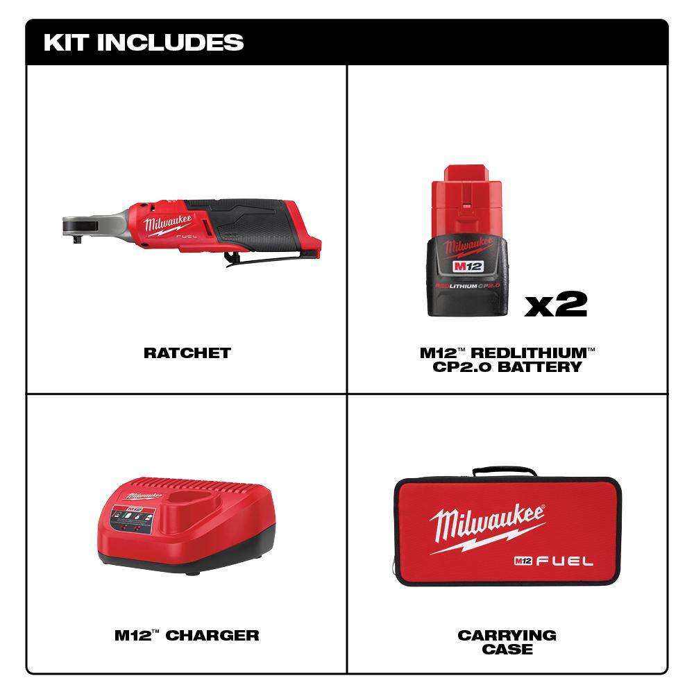 Milwaukee M12 FUEL 12V Cordless High-Speed 1/4 in. Ratchet Kit with 1/4 in. Drive Metric Deep Well Impact Socket Set (14-Piece)