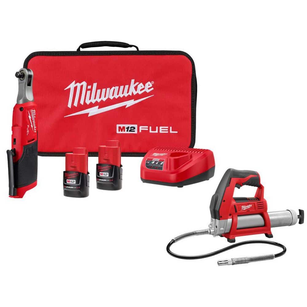 Milwaukee M12 FUEL 12V Lithium-Ion Brushless Cordless High Speed 3/8 in. Ratchet Kit W/M12 Grease Gun