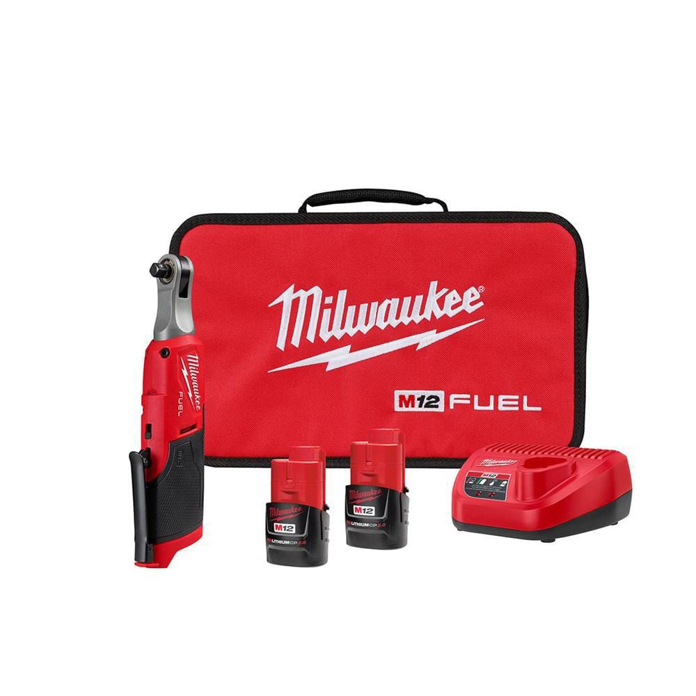 Milwaukee M12 FUEL 12V Lithium‑Ion Brushless High‑Speed 3/8 in. Cordless Ratchet Kit with (2) CP2.0 Batteries, Charger & Carrying Case