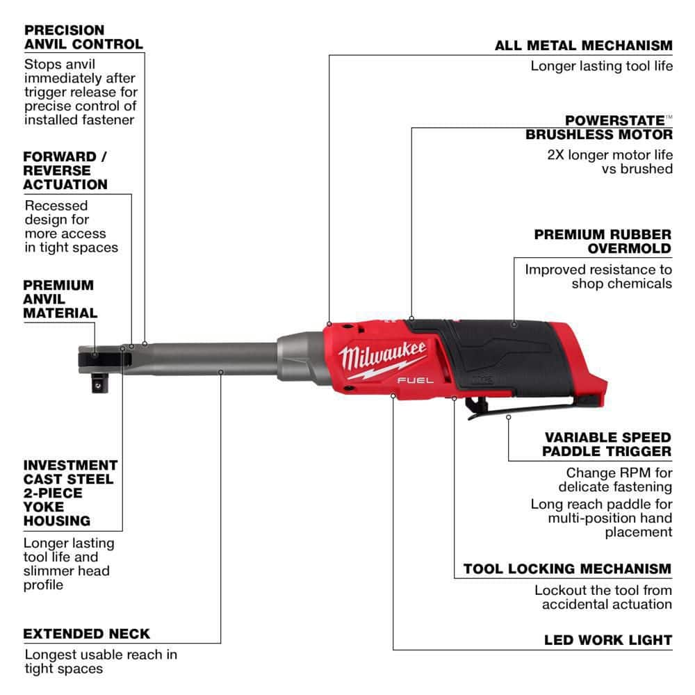 Milwaukee M12 FUEL 12V 3/8 in. Extended Reach High-Speed Cordless Ratchet with M12 LED Underhood Light and (2) M12 HO 2.5Ah Batteries
