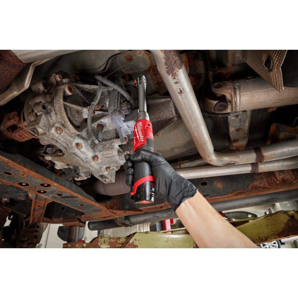 Milwaukee M12 FUEL 12V 3/8 in. Extended Reach High-Speed Cordless Ratchet with M12 LED Underhood Light and (2) M12 HO 2.5Ah Batteries