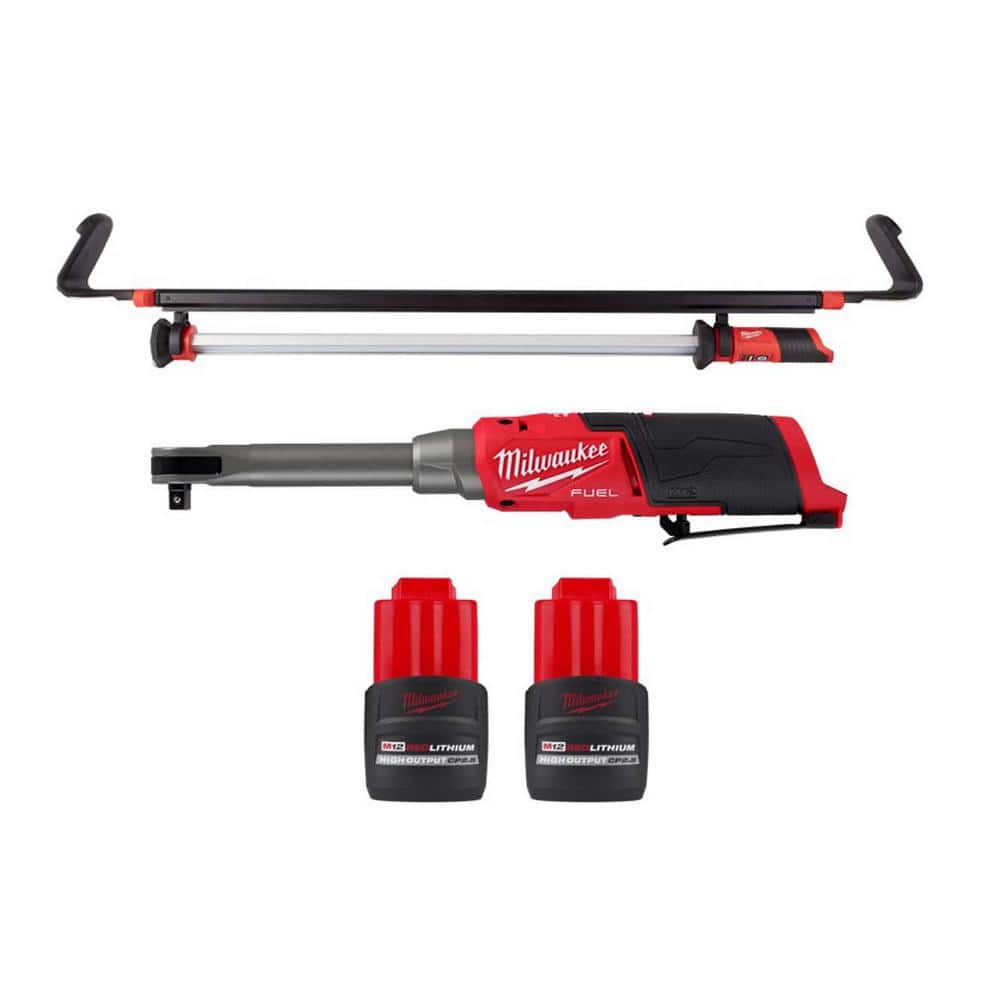 Milwaukee M12 FUEL 12V 3/8 in. Extended Reach High-Speed Cordless Ratchet with M12 LED Underhood Light and (2) M12 HO 2.5Ah Batteries