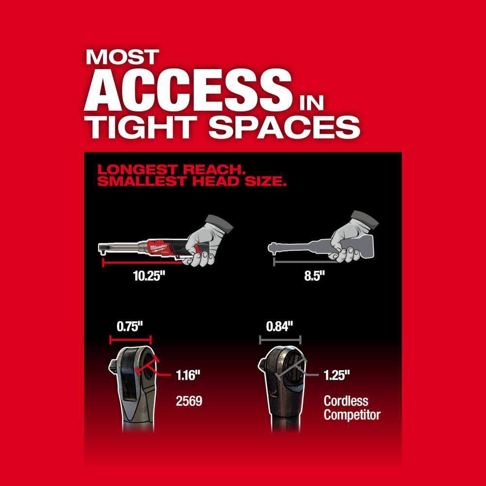 Milwaukee M12 FUEL 3/8 in. Extended Reach High-Speed Cordless Ratchet with Variable-Speed Polisher/Sander and (2) HO CP2.5 Batteries