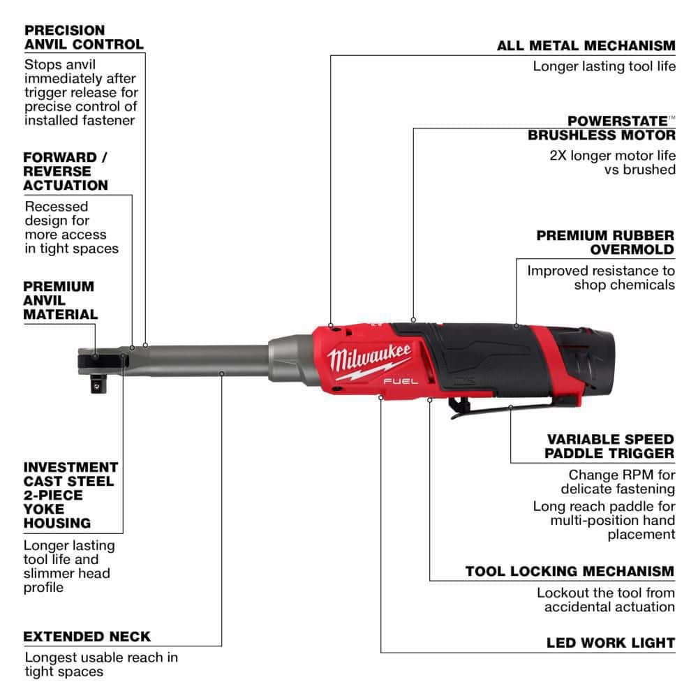 Milwaukee M12 FUEL 12V Li‑Ion Brushless 3/8 in. Extended Reach High‑Speed Cordless Ratchet Kit with Charger and 5.0Ah Battery