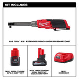 Milwaukee M12 FUEL 12V Li‑Ion Brushless 3/8 in. Extended Reach High‑Speed Cordless Ratchet Kit with Charger and 5.0Ah Battery