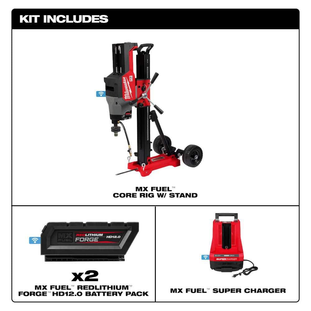Milwaukee MX FUEL Lithium-Ion Core Drill Rig Kit with (2) FORGE HD12.0 Batteries, Super Charger & Stand, 72V