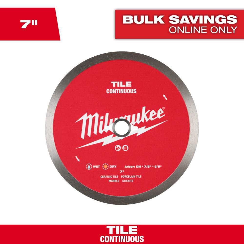 Milwaukee 7 in. Continuous Tile Diamond Blade – Solid Steel Core, Wet/Dry, DM 7/8"–5/8" Arbor