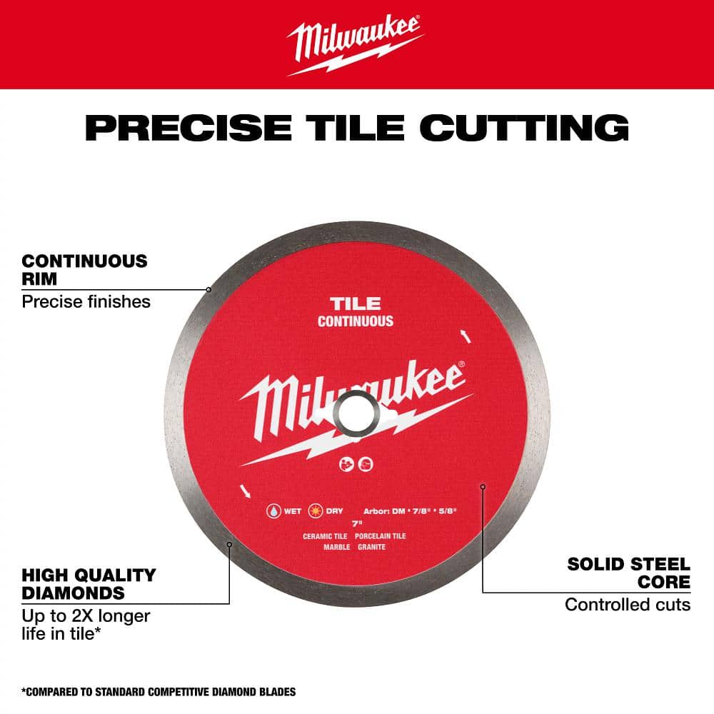 Milwaukee 7 in. Continuous Tile Diamond Blade – Solid Steel Core, Wet/Dry, DM 7/8"–5/8" Arbor
