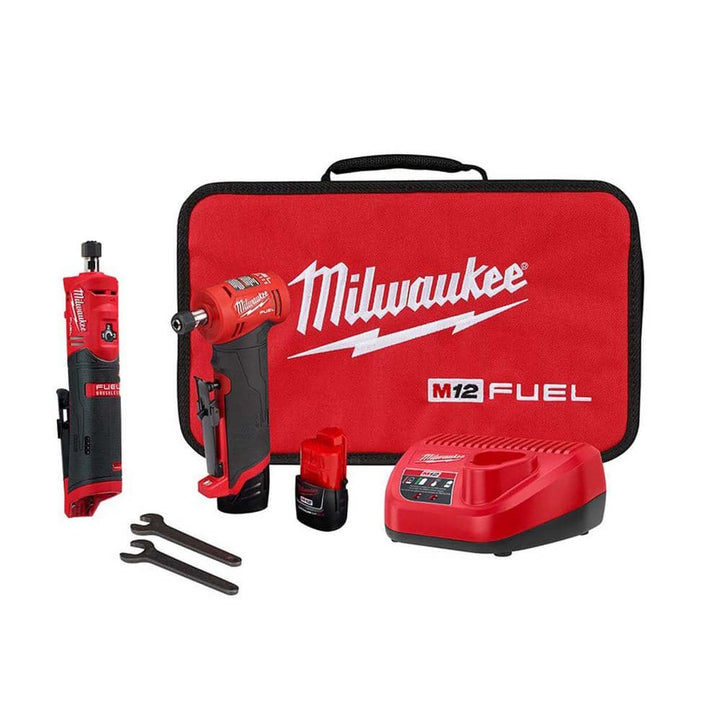 Milwaukee M12 FUEL 12V Brushless Cordless 1/4 in. Right & Straight Die Grinder Kit w/ (2) M12 CP 2.5Ah Batteries