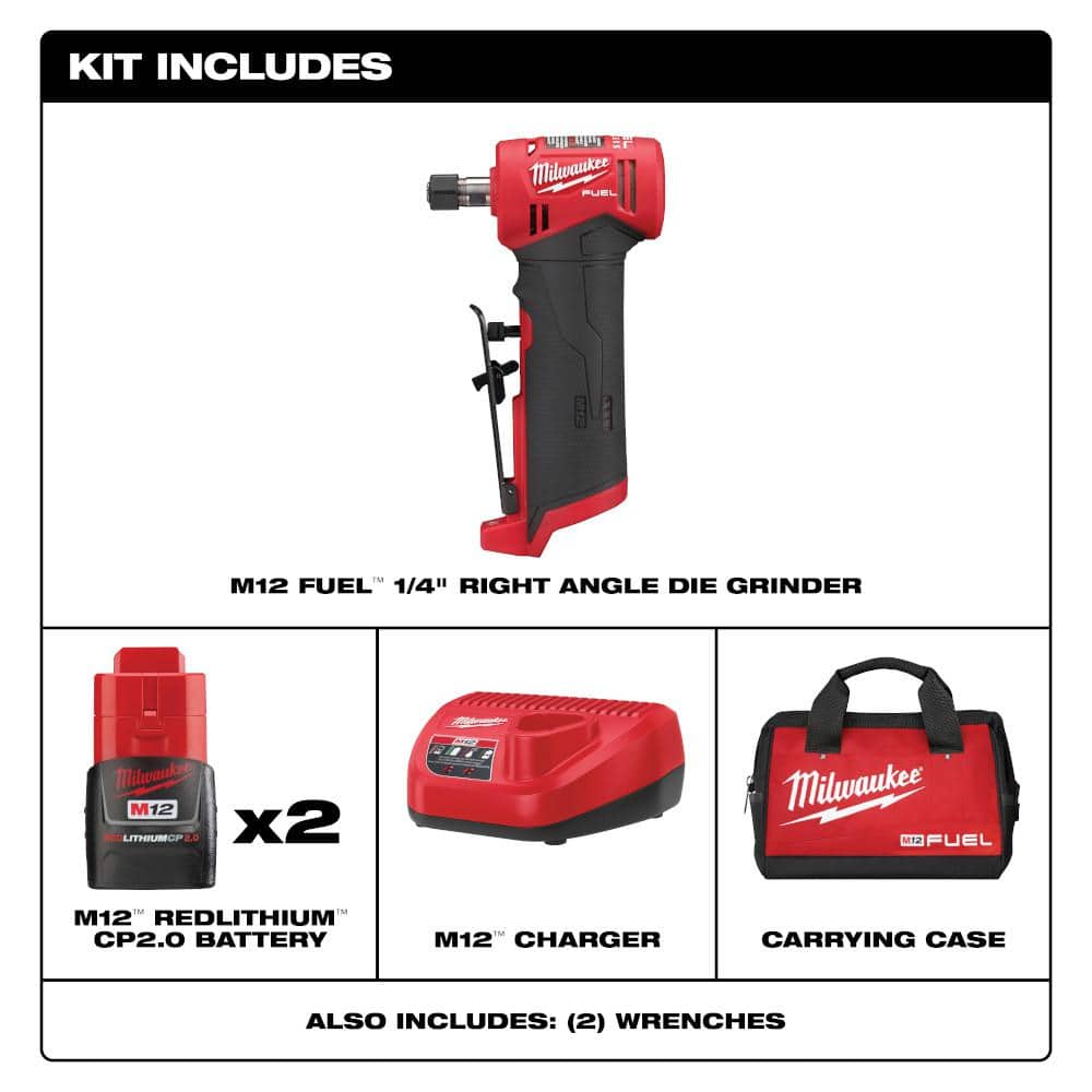 Milwaukee M12 FUEL 12-Volt Brushless Cordless 1/4 in. Right Angle & Straight Die Grinder Kit with (2) 2.0Ah Batteries