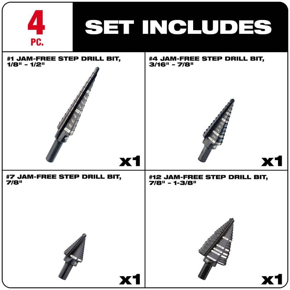 Milwaukee Black Oxide Step Drill Bit Set, Jam‑Free, Dual‑Flute (10‑Piece)