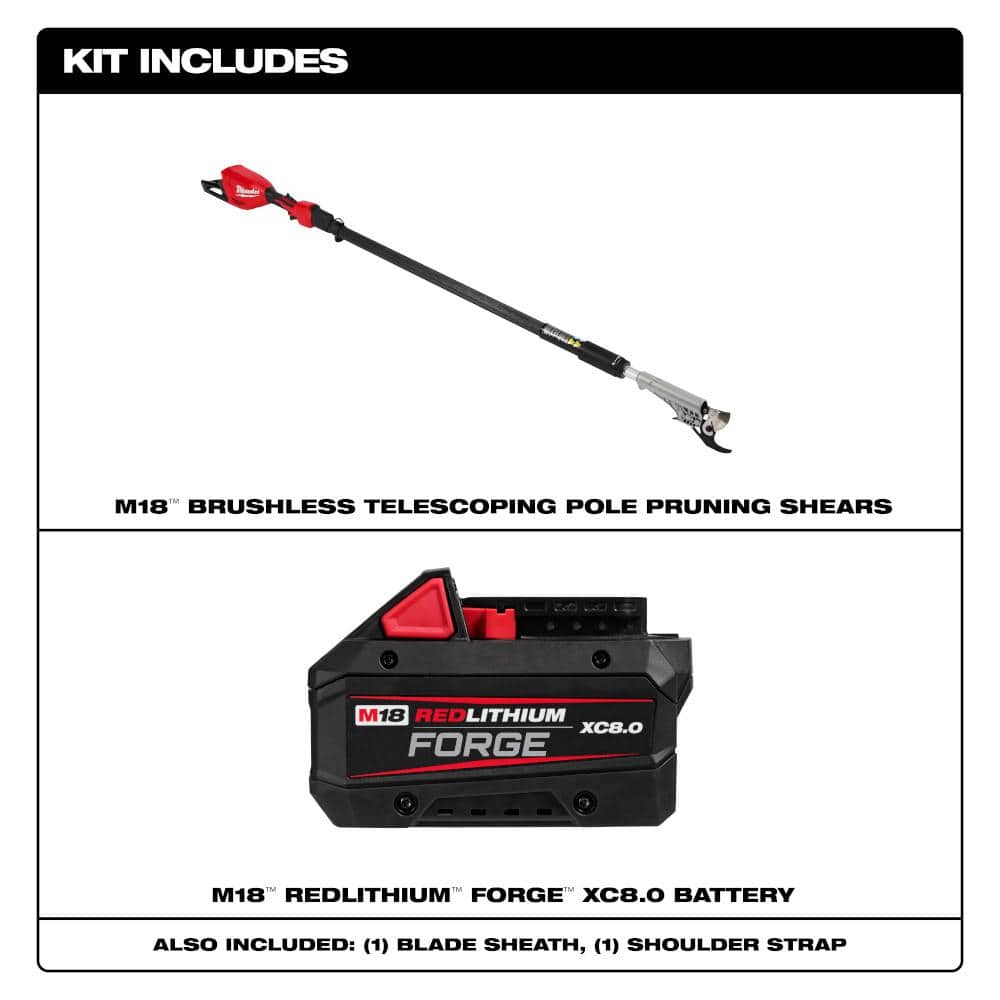 Milwaukee M18 Brushless 18-Volt Cordless Telescoping Pole Pruning Shears Kit with M18 FORGE XC 8.0Ah Battery (3008-20, 48-11-1881)