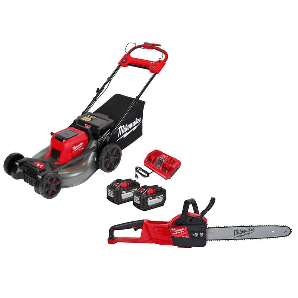 Milwaukee M18 FUEL Brushless Cordless 21 in. Dual-Battery Self‑Propelled Lawn Mower with Chainsaw, (2) 12.0Ah Batteries