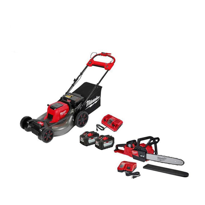 Milwaukee M18 FUEL Brushless Cordless 21 in. Dual-Battery Self-Propelled Lawn Mower with 16 in. Chainsaw, (3) 12Ah Batteries