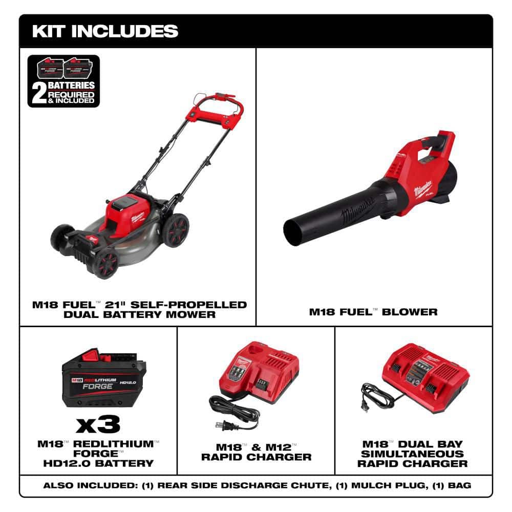Milwaukee M18 FUEL Brushless Cordless 21 in. Self-Propelled Mower Kit with (2) 12Ah Batteries, Charger & Dual-Battery Blower