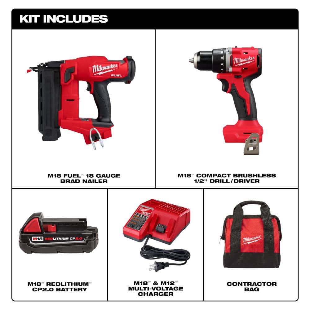 Milwaukee M18 FUEL 18-Volt Lithium-Ion Brushless Cordless Gen II 18-Gauge Brad Nailer W/M18 Brushless 1/2 Drill Driver Kit
