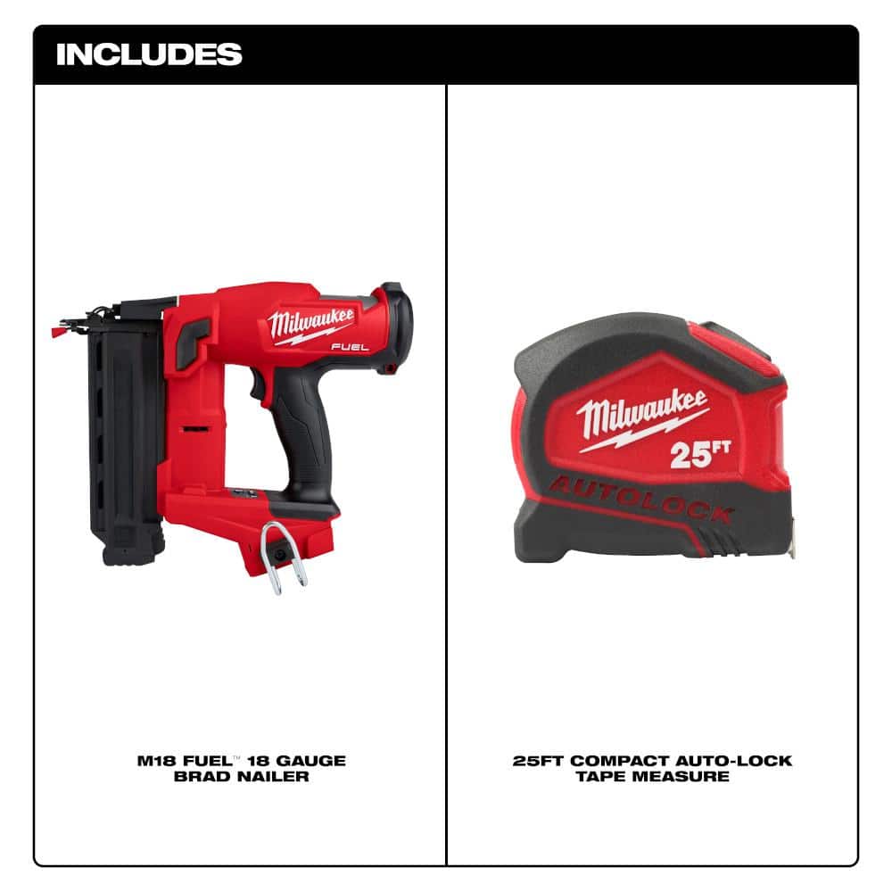 Milwaukee M18 FUEL 18-Volt Lithium-Ion Brushless Cordless Gen II 18-Gauge Brad Nailer W/25 ft. Compact Auto Lock Tape Measure