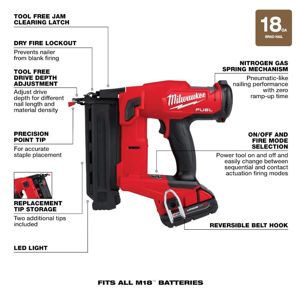 Milwaukee M18 FUEL Gen II 18-Gauge Brushless Cordless Brad Nailer w/ HIGH OUTPUT CP 3.0Ah Battery Pack (2-Pack), 18V, 5/8–2-1/8 in