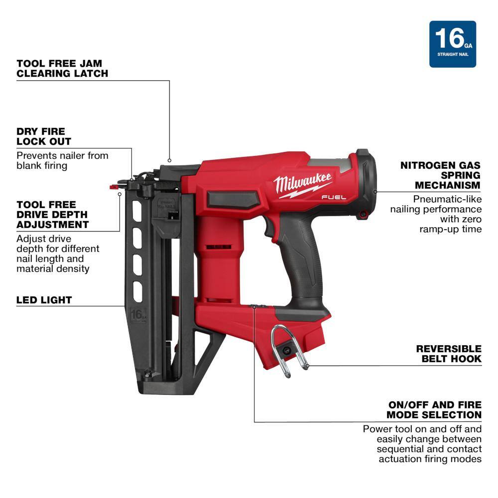 Milwaukee M18 FUEL 18V Gen II 16‑Gauge Straight Finish Nailer + REDLITHIUM FORGE 6.0Ah Battery Pack