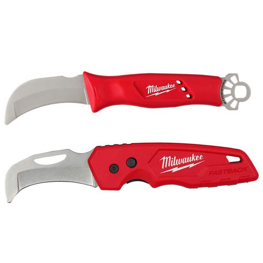 Milwaukee Lineman’s Blunt Tip Hawkbill Knife w/ STICKWORK 3-in-1 Ring + FASTBACK Stainless Blunt Tip Hawkbill Folding Knife (Model 48-22-1923/48-22-1526)