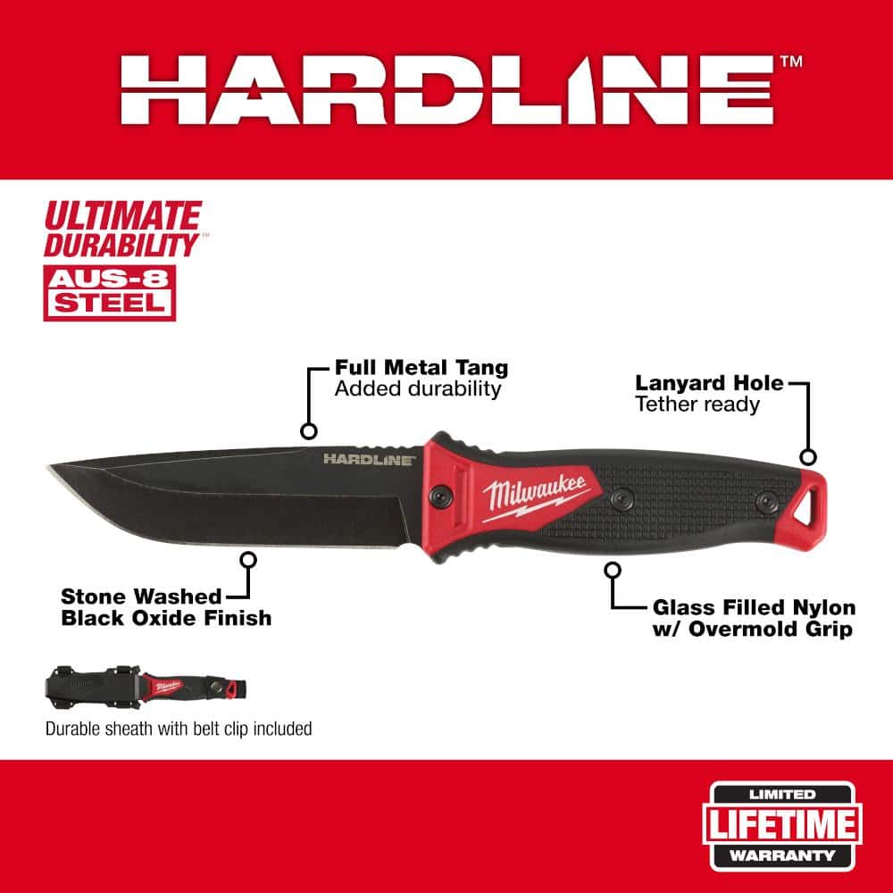 Milwaukee 5 in. HARDLINE AUS-8 Steel Fixed Blade Knife with Sheath