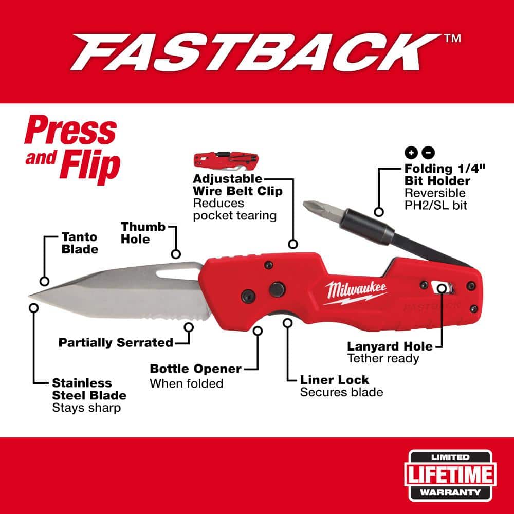 Milwaukee FASTBACK 5-in-1 Folding Knife with 3 in. Blade, Liner Lock