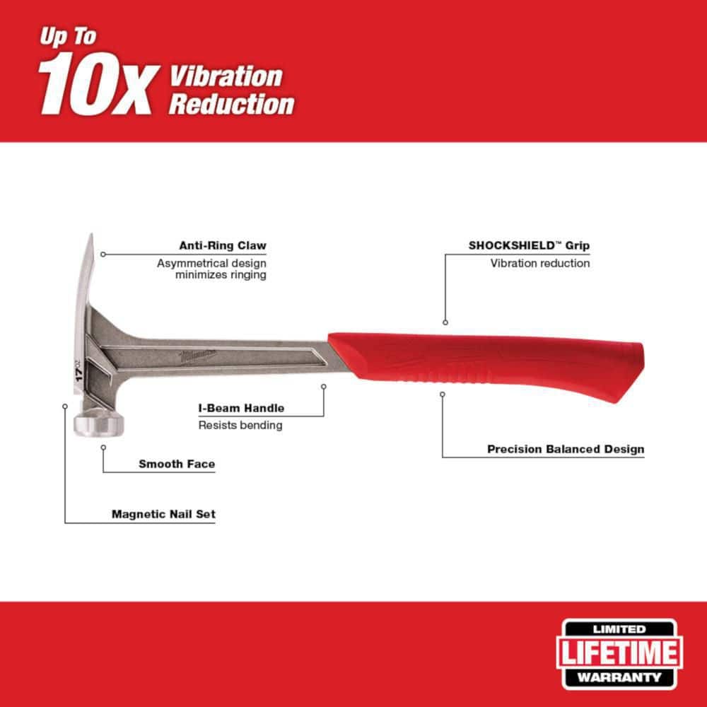Milwaukee 17 oz. Smooth Face Framing Hammer with 12 in. Pry Bar (Shockshield Grip, Magnetic Nail Set)