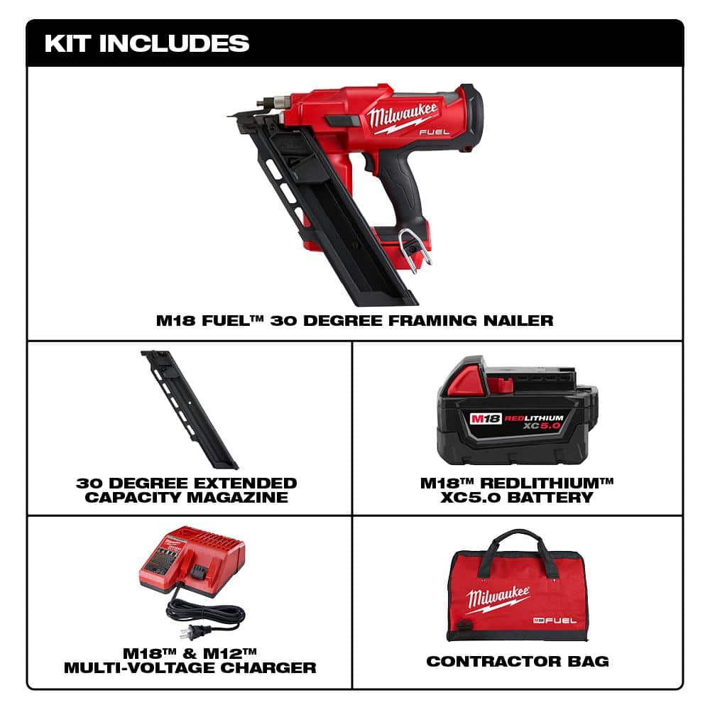 Milwaukee M18 FUEL 3-1/2 in. 18V 30° Brushless Cordless Framing Nailer Kit with Battery, Charger & Extended Capacity Magazine