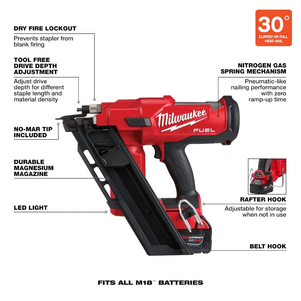 Milwaukee M18 FUEL 3-1/2 in. 18-Volt 21-Degree Brushless Cordless Framing Nailer with M18 5.0Ah XC Battery