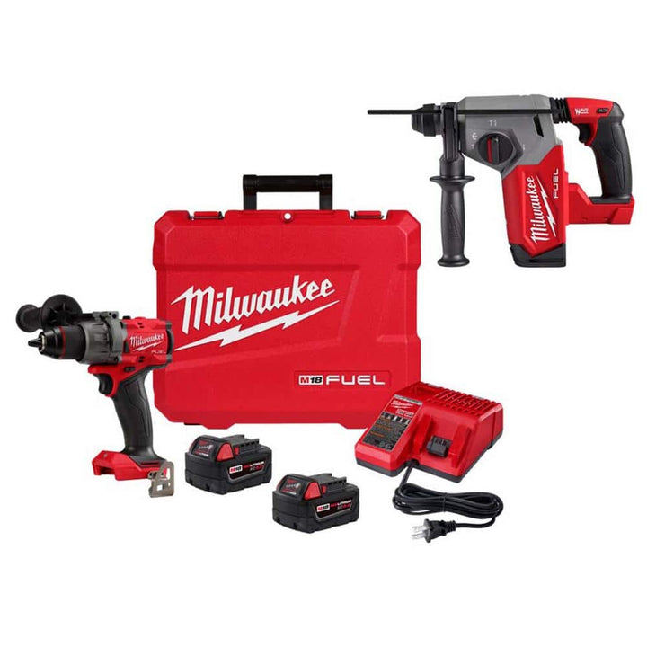Milwaukee M18 FUEL 18V Lithium-Ion Brushless Cordless 1/2 in. Hammer Drill/Driver Kit with 1 in. SDS‑PLUS Rotary Hammer (2904-22/2912-20)