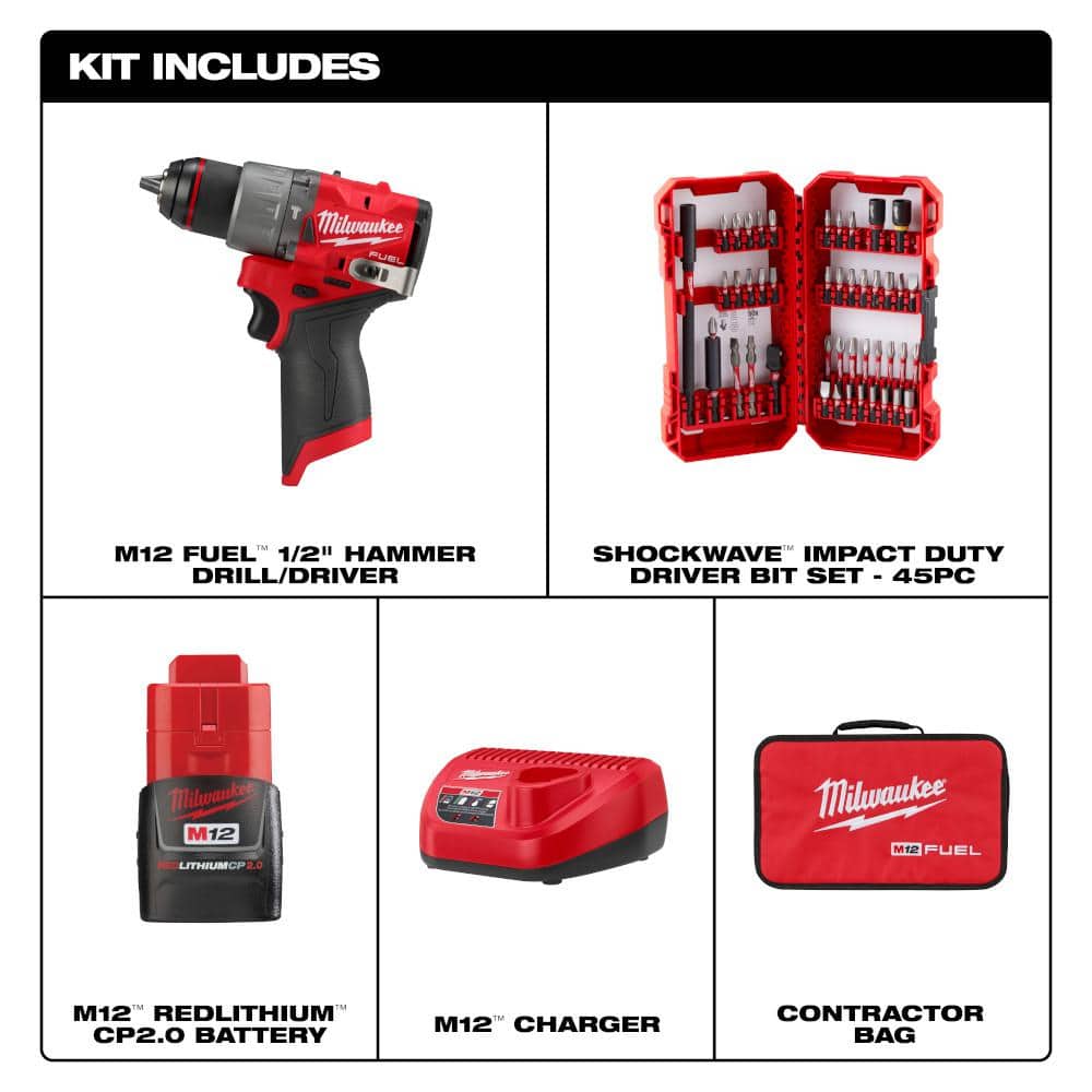 Milwaukee M12 FUEL 12-Volt Li-Ion Brushless Cordless 1/2 in. Hammer Drill Kit with CP 2.0Ah Battery, Charger & 45-Pc Shockwave Bit Set