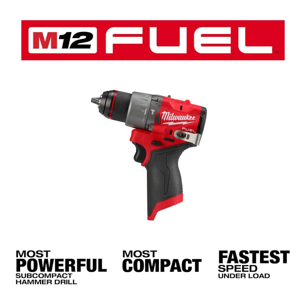 Milwaukee M12 FUEL 12-Volt Li-Ion Brushless Cordless 1/2 in. Hammer Drill with 2.0Ah Battery, Charger & PACKOUT Hole Saw Set (10-Pc)
