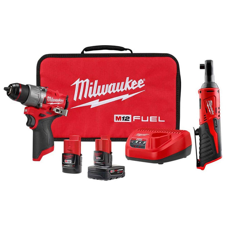 Milwaukee M12 FUEL 12-Volt Lithium-Ion Brushless Cordless 1/2 in. Hammer Drill/Driver Kit with M12 3/8 in. Ratchet