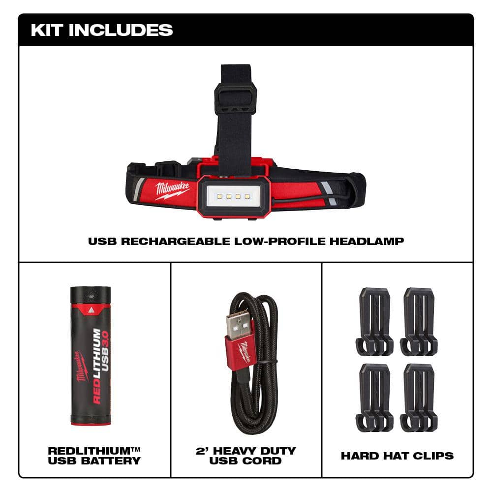 Milwaukee 600 Lumens REDLITHIUM USB Low-Profile Hard Hat Headlamp & 550 Lumens USB Pivoting Flood Light, TRUEVIEW (2-Pack)