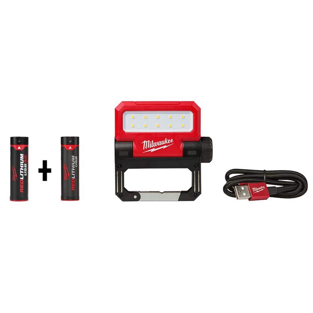 Milwaukee 550 Lumens USB Rechargeable ROVER Pivoting Flood Light Kit with Extra REDLITHIUM USB 3.0 Battery