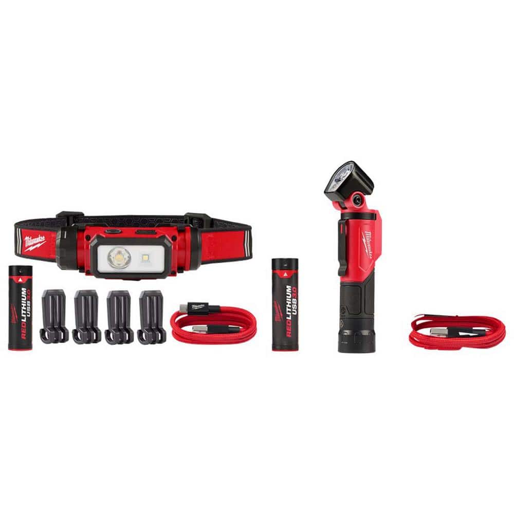 Milwaukee 600 Lumens LED REDLITHIUM Hard Hat Headlamp + 500 Lumens Pivoting REDLITHIUM USB Flashlight Kit (Model 2163-21/2113-21)