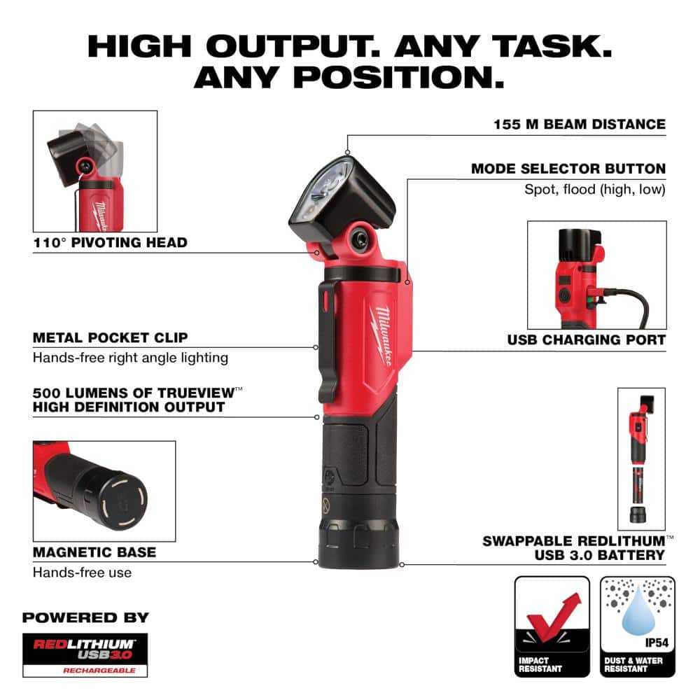 Milwaukee 600 Lumens LED REDLITHIUM Hard Hat Headlamp + 500 Lumens Pivoting REDLITHIUM USB Flashlight Kit (Model 2163-21/2113-21)
