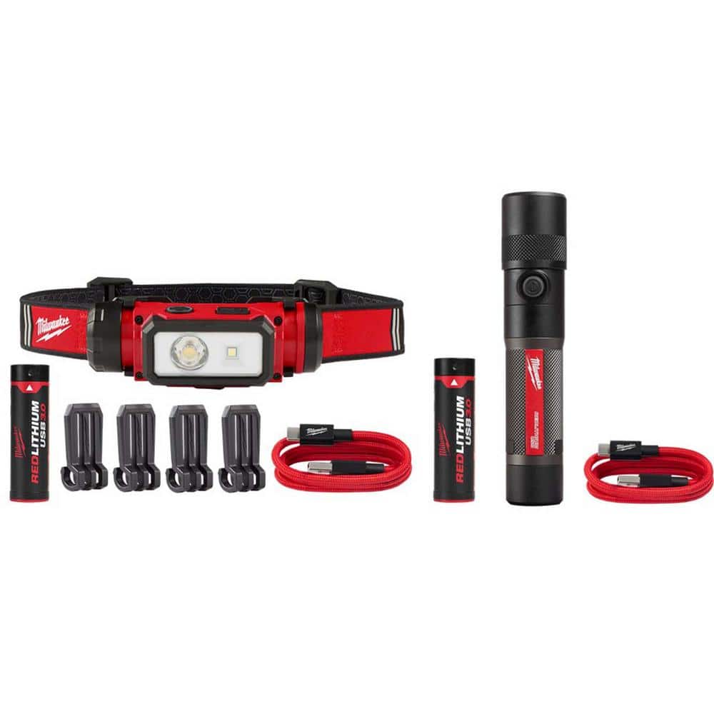 Milwaukee 600 Lumens LED REDLITHIUM Hard Hat Headlamp and 1100 Lumens LED USB Rechargeable Twist Focus Flashlight (2-Pack)