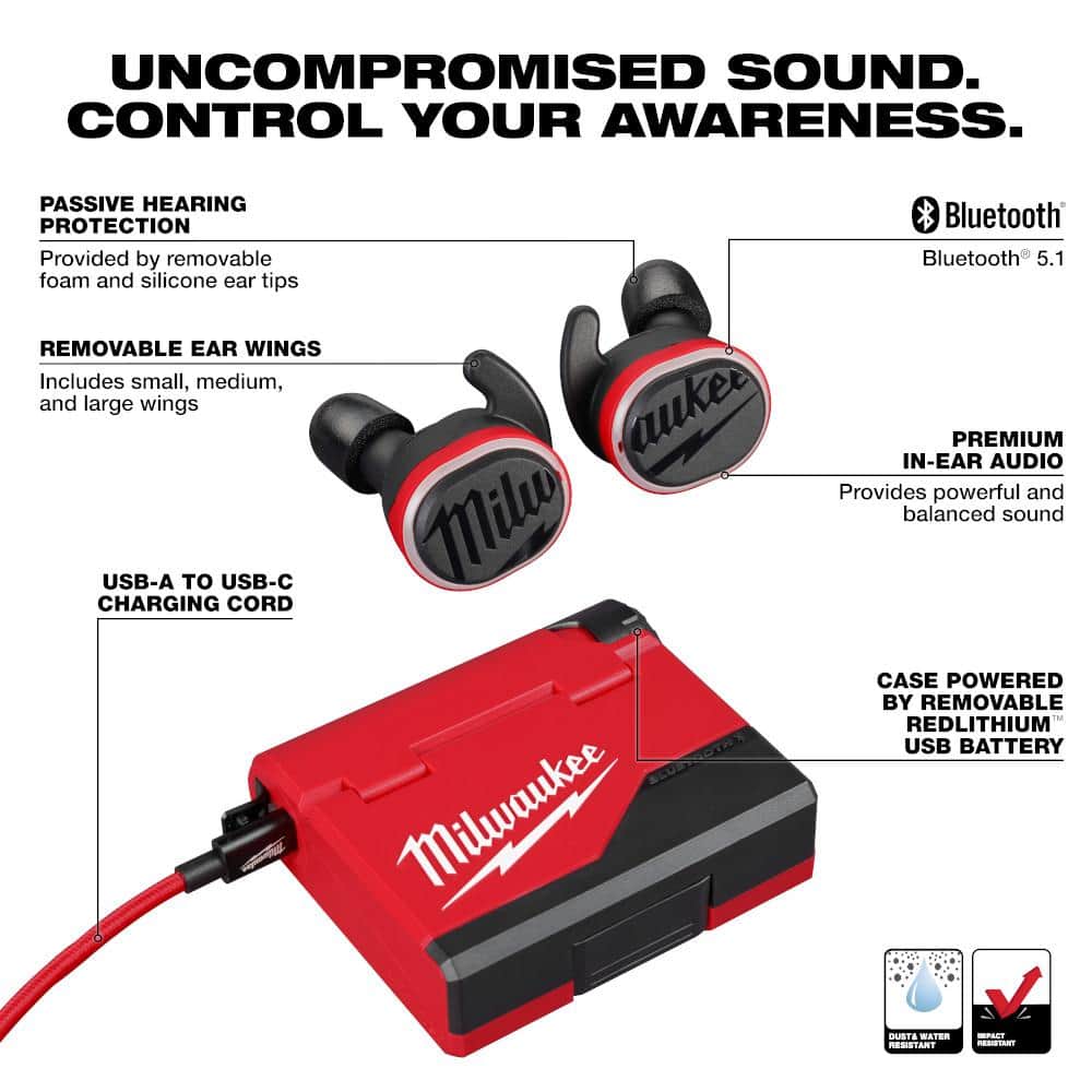 Milwaukee REDLITHIUM USB Wireless Bluetooth Noise Cancelling Earbuds, Earbud & In‑Ear, Red
