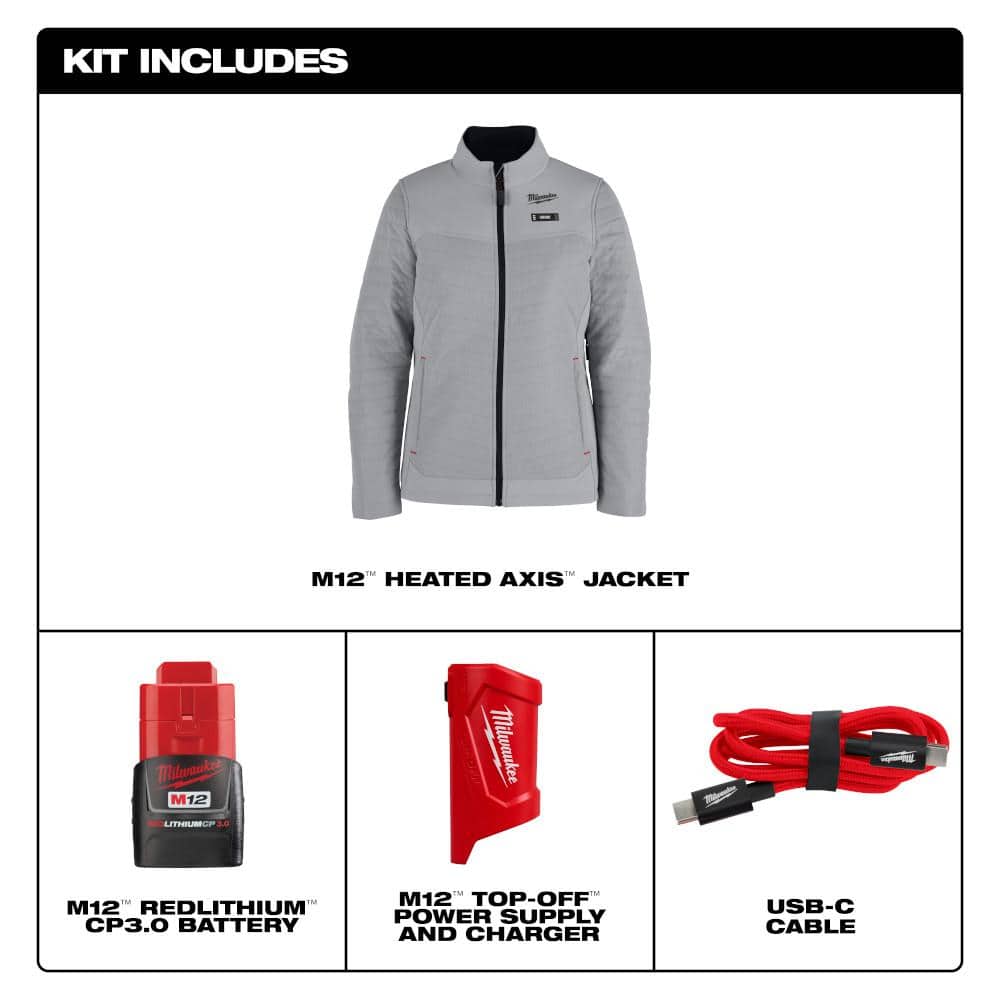 Milwaukee Women's Medium M12 12V Lithium-Ion Cordless AXIS Gray Heated Jacket Kit with (1) 3.0 Ah Battery and Charger