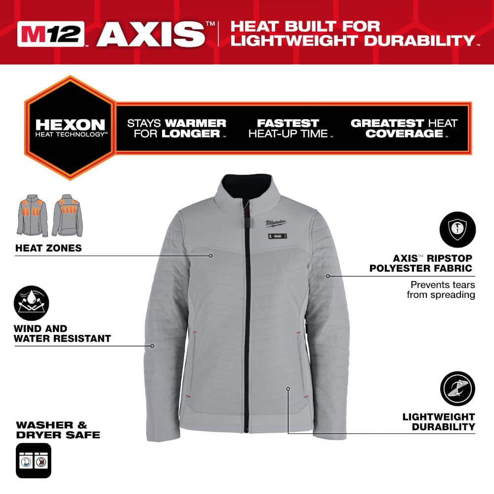 Milwaukee Women's Medium M12 12V Lithium-Ion Cordless AXIS Gray Heated Jacket Kit with (1) 3.0 Ah Battery and Charger