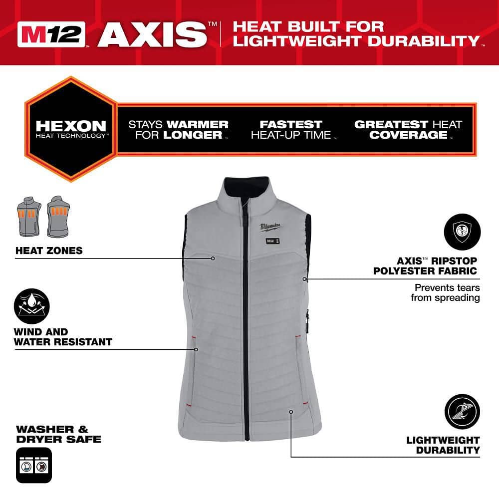 Milwaukee Women’s Large M12 12-Volt Lithium-Ion Cordless AXIS Gray Heated Vest Kit with (1) 2.0Ah Battery and Charger