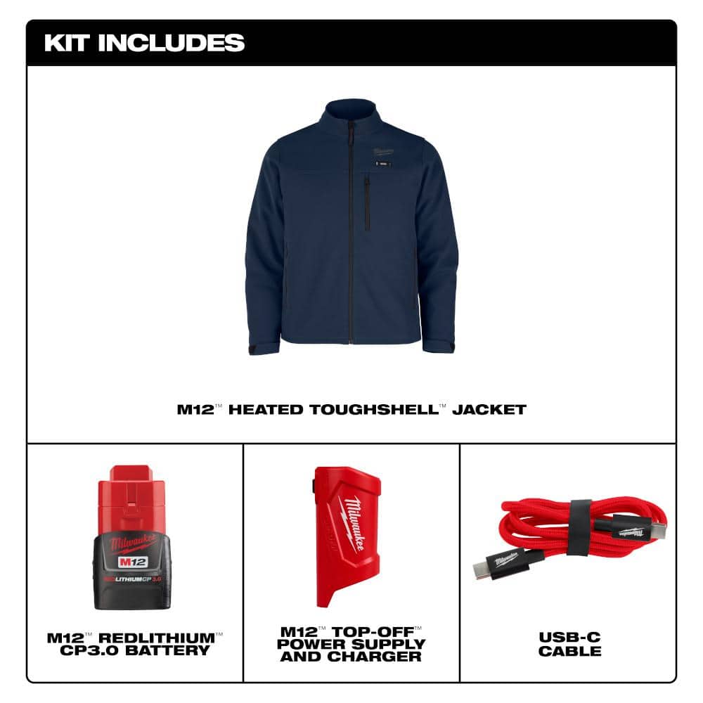 Milwaukee Men’s Medium M12 12V Lithium-Ion Cordless TOUGHSHELL Blue Heated Jacket Kit with 3.0Ah Battery & Charger